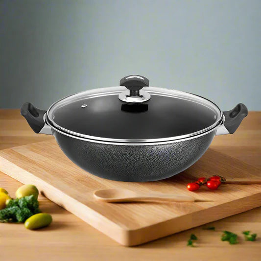 Non Stick Classic Sonex Karahi With Glass Lid | Available in Different Sizes | Non Stick Wok | Ideal For Preparing a Variety of Dishes