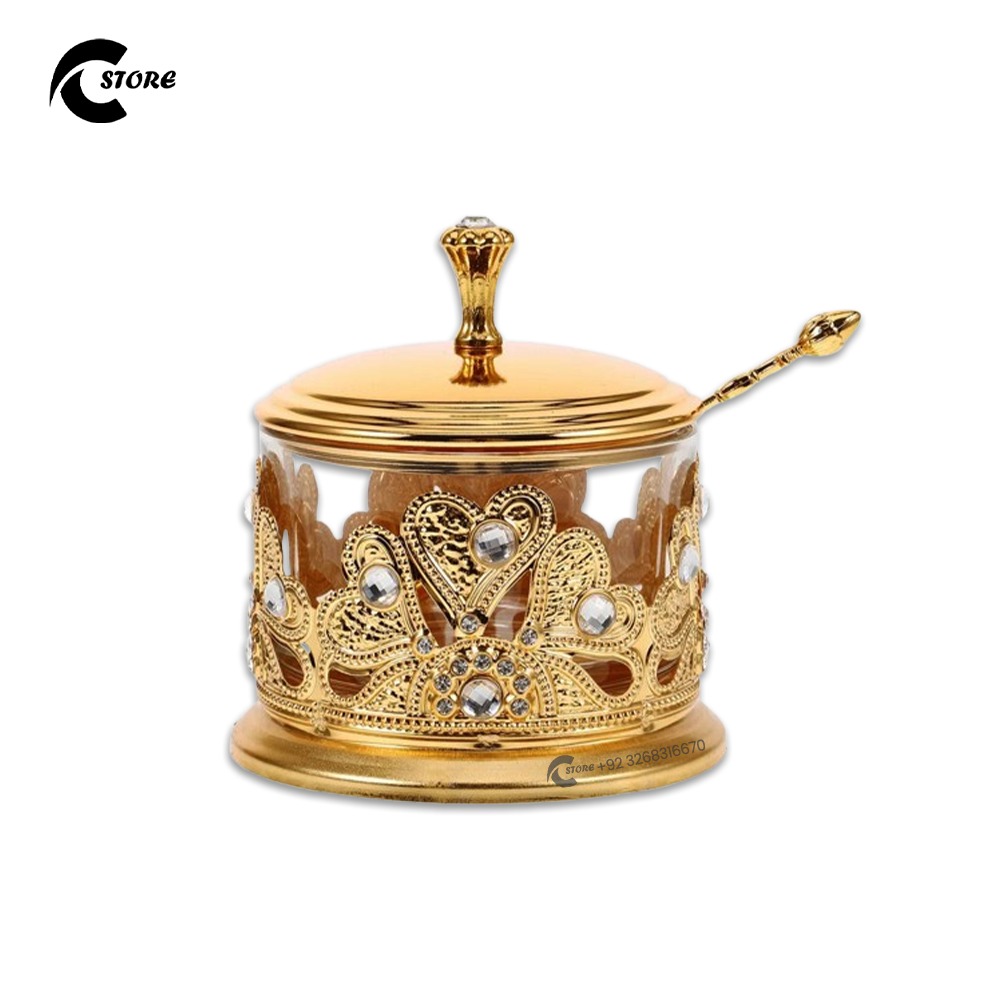 Elegant Golden Sugar Pot With Spoon | Luxury Kitchen Accessory for Fresh &amp; Organised Sugar Storage