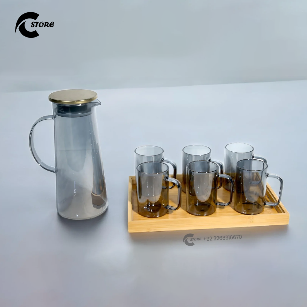 Premium Glass Water Set With Gold-Lid Jug, 6 Mugs &amp; Bamboo Tray | Elegant Drinkware for Home &amp; Office