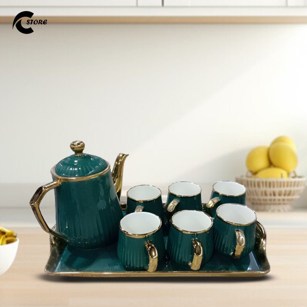 Green Coffee Set Mansori | Set of 6 Cups With 1 Large Teapot &amp; Serving Tray | Suitable for Everyday Use