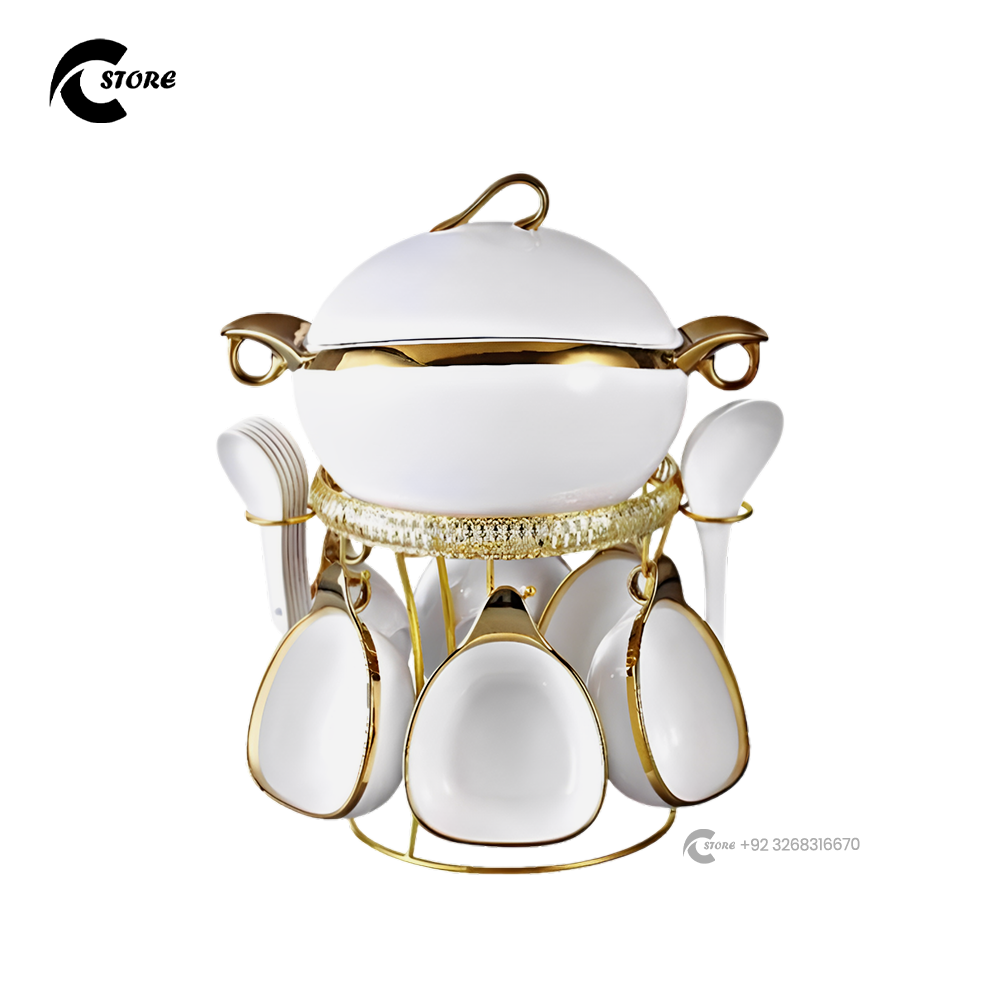 Luxury 16 Pieces European Ceramic Soup Set | High Quality Soup Set With Spoons &amp; Golden Stand | Set of 6 Bowls