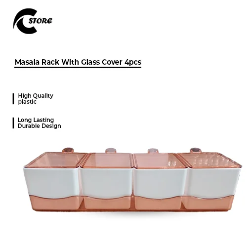 Pack of 2 Masala Rack with Glass Cover 4pcs | Durable Plastic Spice Box with 4 Compartments & Lid for Kitchen Organization