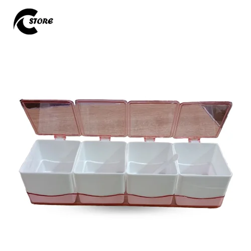 Pack of 2 Masala Rack with Glass Cover 4pcs | Durable Plastic Spice Box with 4 Compartments & Lid for Kitchen Organization