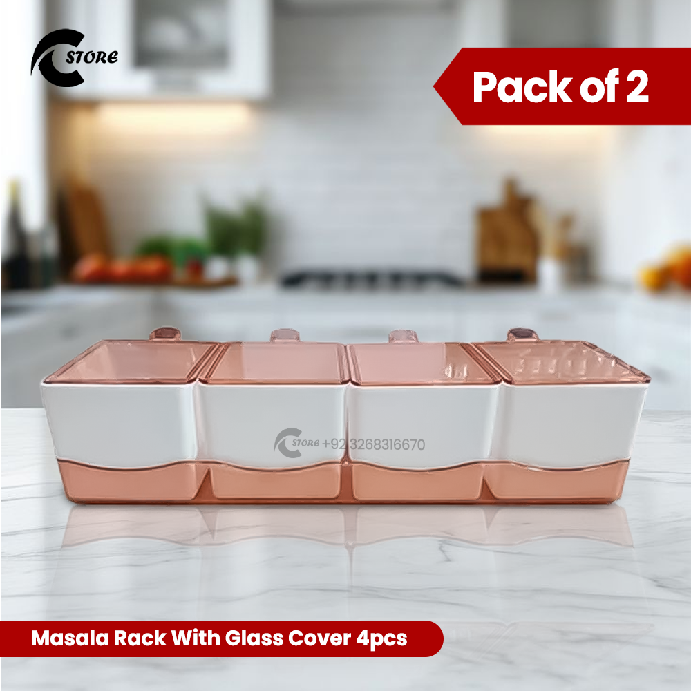 Pack of 2 Masala Rack with Glass Cover 4pcs | Durable Plastic Spice Box with 4 Compartments & Lid for Kitchen Organization