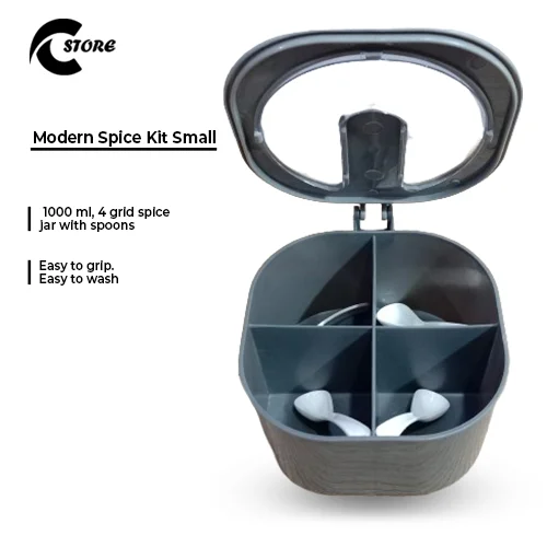 Pack of 3 Modern Spice Kit Small | 1000 ml | 4-Grid Spice Jar with Free Spoons, BPA-Free, Durable & Eco-Friendly