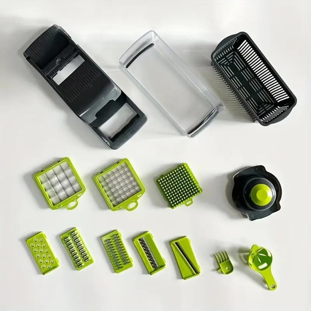 16-in-1 Multifunctional Handheld Vegetable Chopper, Onion Cutter, Fruit Slicer, Potato Presser, Peeler, and Garlic Chopper with Storage Container