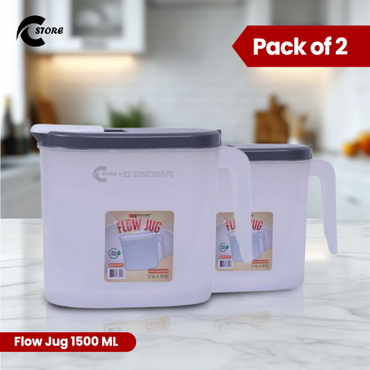 Pack of 2 Flow Jug 1500ml | Multipurpose Plastic Jug for Oil, Water & Beverages | Premium Virgin Plastic with Stylish Lid & Handle | Dust-Proof, Spill-Free Pouring