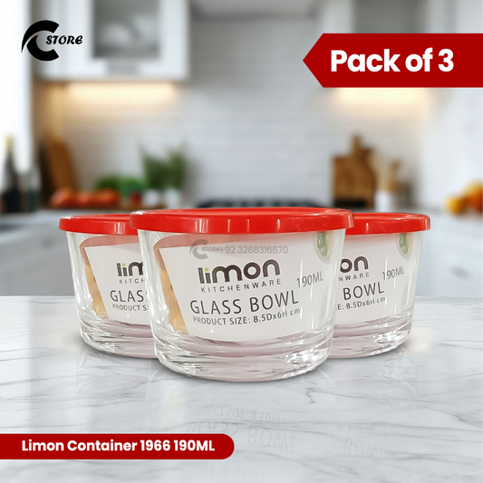 Pack of 3 Limon Glass Container | 190ml Round Shape, Airtight, Oven &amp; Microwave Safe | Storage &amp; Containers