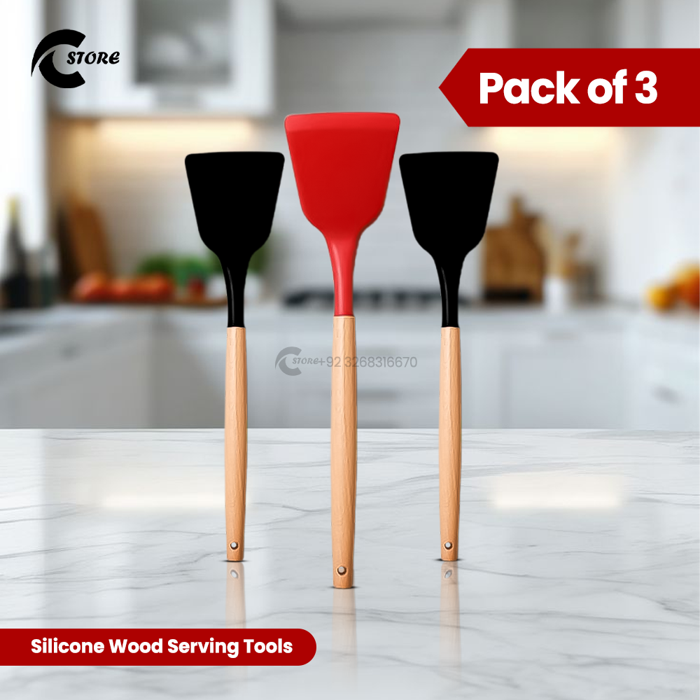 Pack of 3 Silicone Wood Serving Tools | High-Quality Acacia Wooden Handle | Heat-Resistant, Food-Grade BPA-Free Silicone Cooking Spatula