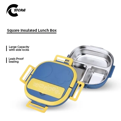 Stainless Steel Square Insulated Lunch Box With 2 Compartments & 4-Sided Lock | Durable Food Storage Container