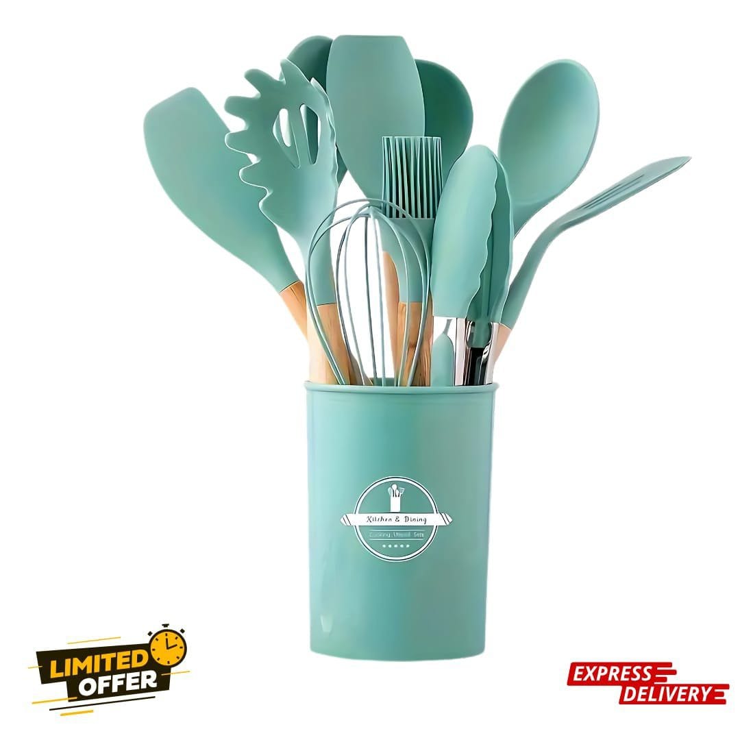 12-Piece Silicone Kitchen Utensil Set | Heat-Resistant, Non-Scratch &amp; BPA-Free with Wooden Handle