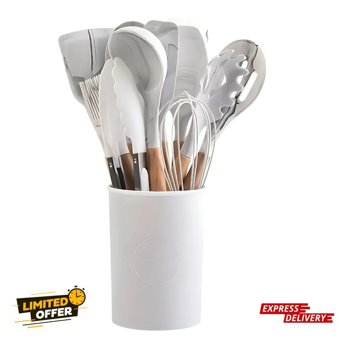 12-Piece Silicone Kitchen Utensil Set | Heat-Resistant, Non-Scratch &amp; BPA-Free with Wooden Handle