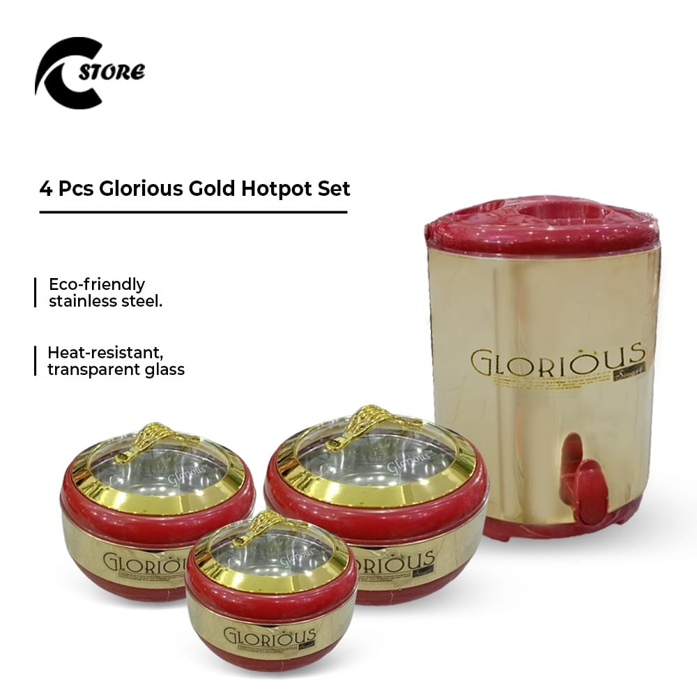 Glorious Gold 4 Piece Gift pack | Premium Stainless Steel Hotpot Set With Glass Lids | For Food Warming and Serving Large Groups