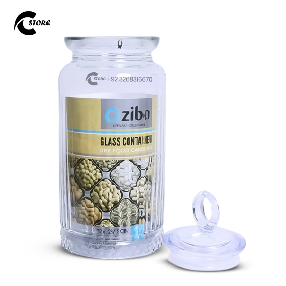 Ziba Jar 2L | Extra Large Size | Premium Glass Storage Jar With Metal Patterned Lid | Ideal for Storing Beans, Spices, Candies &amp; Dry Fruits