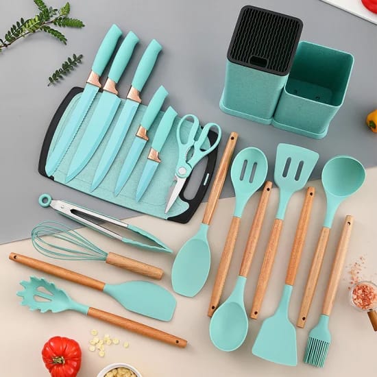19-Piece Silicone Kitchen Utensil Set with Wooden Handles | Heat-Resistant & BPA-Free Non-Stick Cookware Tools with Knife Block, Cutting Board & Utensil Holder
