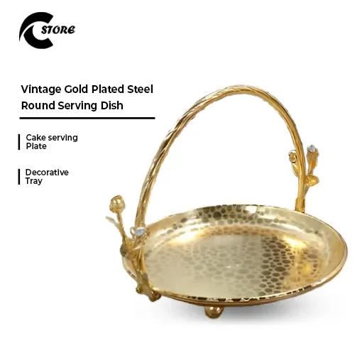Elegant European Style Embossed Fruit Tray | Vintage Gold-Plated Steel Round Serving Dish | Decorative Tray