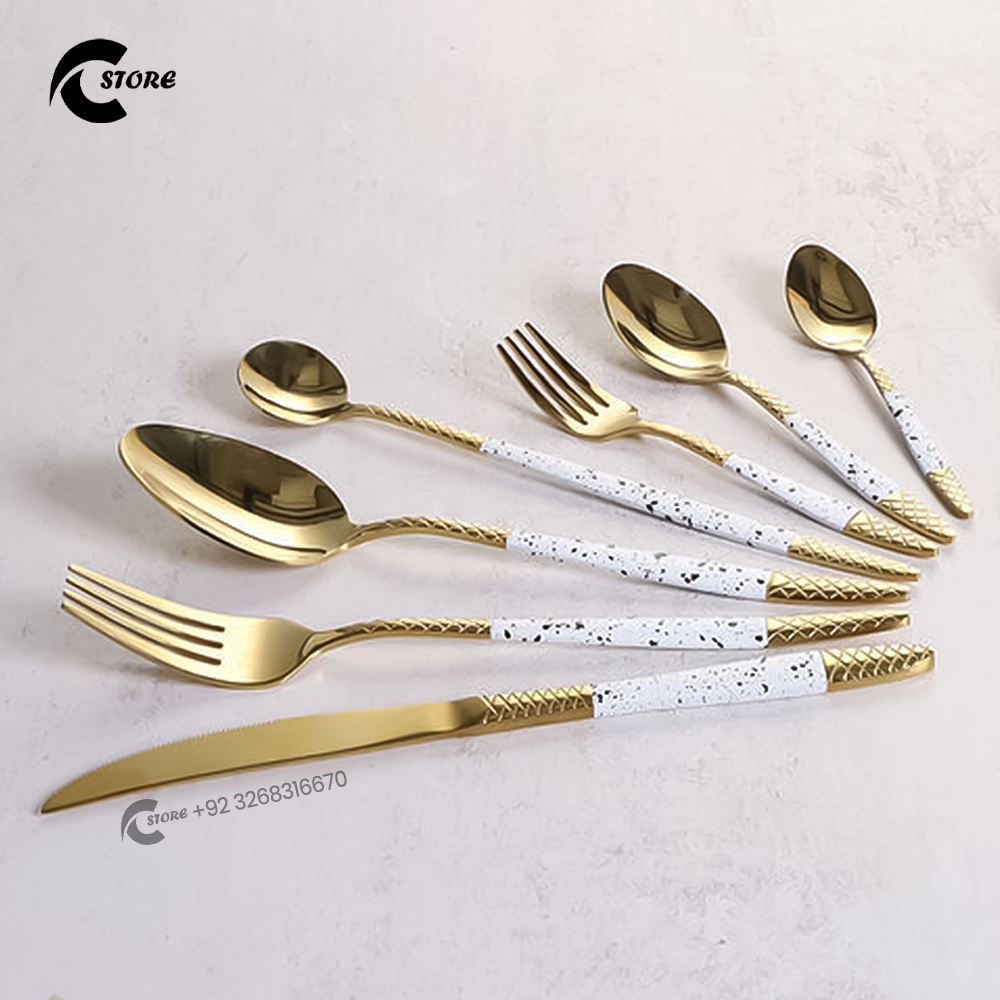 Golden Stainless Steel Cutlery Set 24 Pcs | Includes Spoons, Forks, Knives & Teaspoons | Mirror Finish, Heat & Rust Resistant | Elegant Flatware for Dining & Gifting