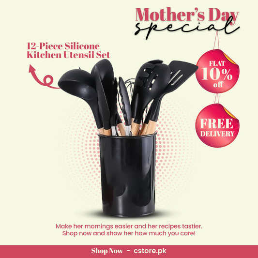 12-Piece Silicone Kitchen Utensil Set | Heat-Resistant, Non-Scratch &amp; BPA-Free with Wooden Handle