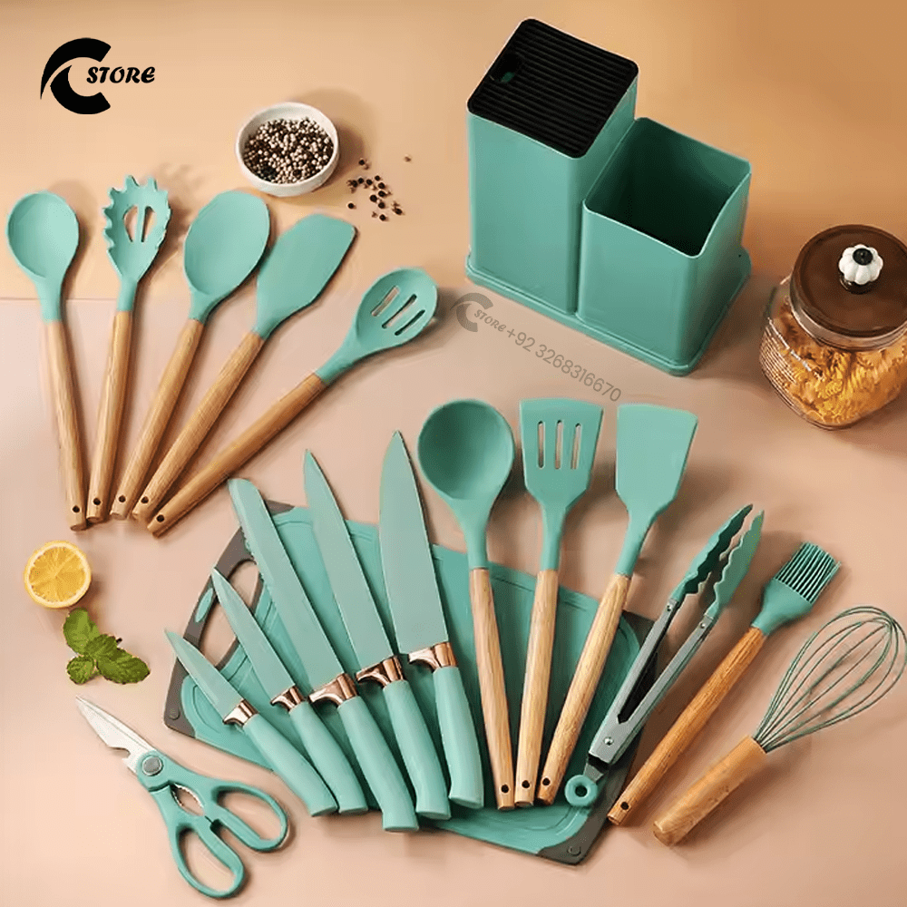 19-Piece Silicone Kitchen Utensil Set with Wooden Handles | Heat-Resistant & BPA-Free Non-Stick Cookware Tools with Knife Block, Cutting Board & Utensil Holder