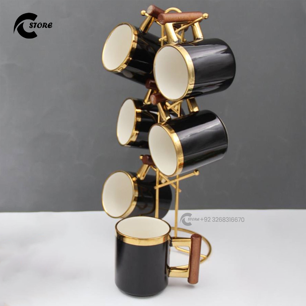 Set of Ceramic Tea Coffee Mugs with Metal Rack Elegant