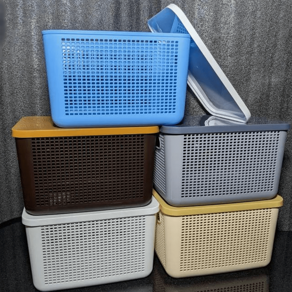 Deluxe Storage Basket With Lid AH-140  | Food-Grade Plastic Container | Multi-Purpose Organizer for Home, Books & Clothes
