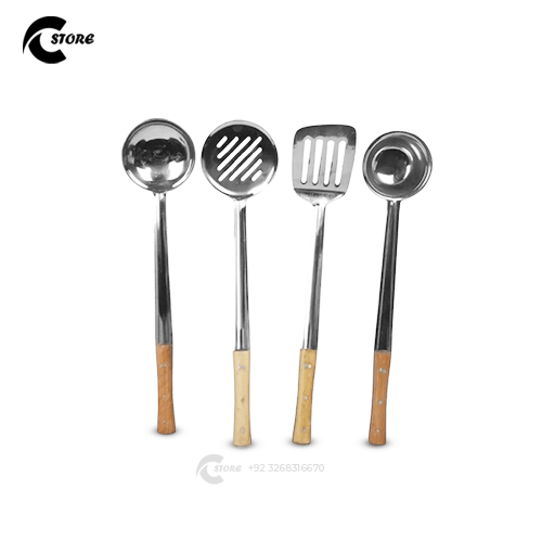 KCH Stainless Steel Cooking and Serving Spoon Set | 4Pcs with Wooden Handles | Rust-Resistant & Heat-Proof Kitchen Utensils for Cooking & Serving