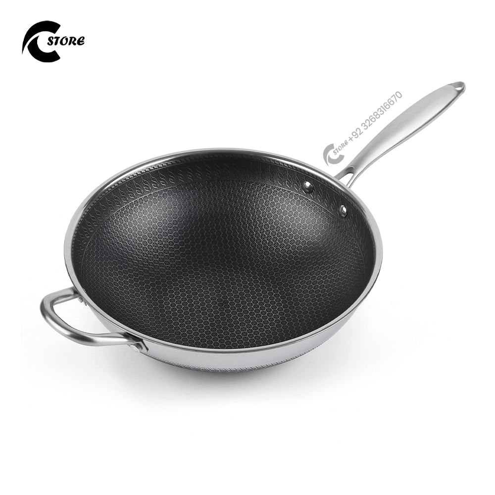 Karahi Laser Coated 43CM Long Handle | 34cm Stainless Steel Saute Panare | Tri-Ply, Induction & Oven Safe
