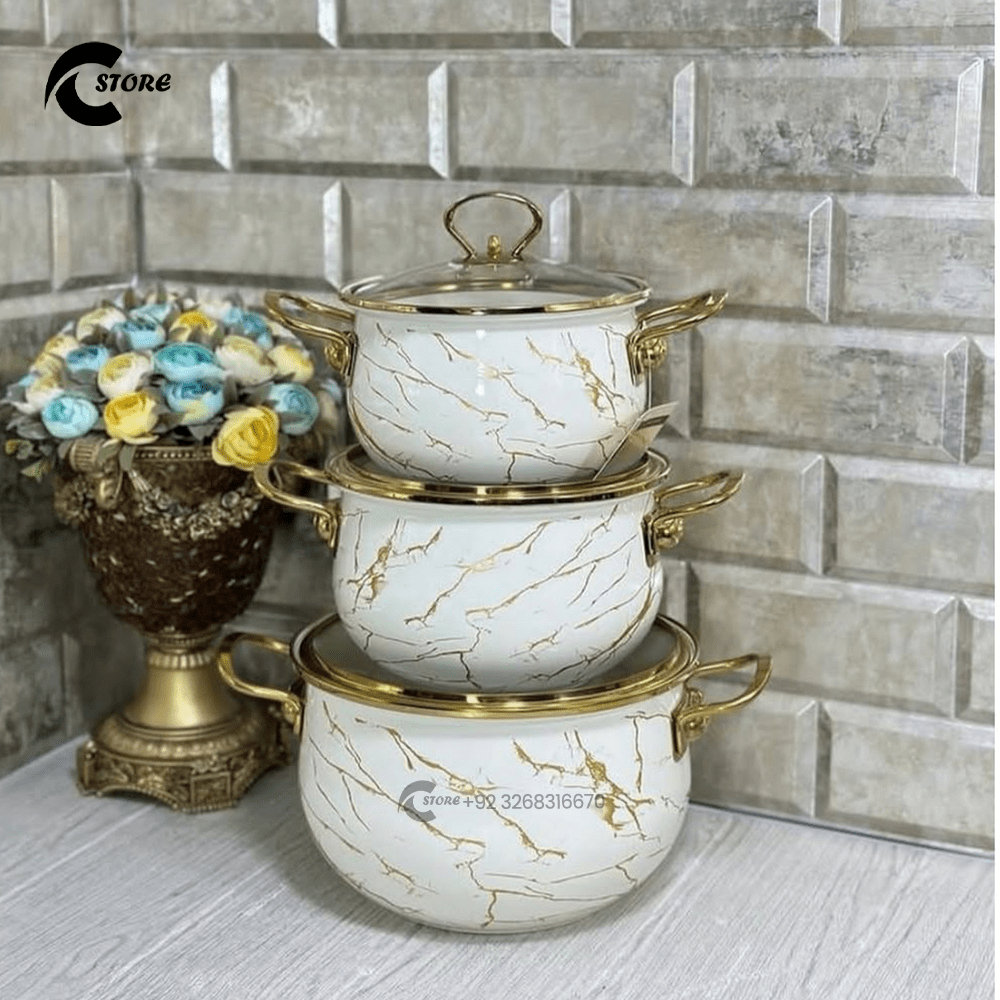 Fancy Reona Set Small | With Sizes (20cm, 22cm, 24cm) | 3Pcs Enamel Casserole With Glass Lid | Stainless Steel Serving & Cooking Bowls