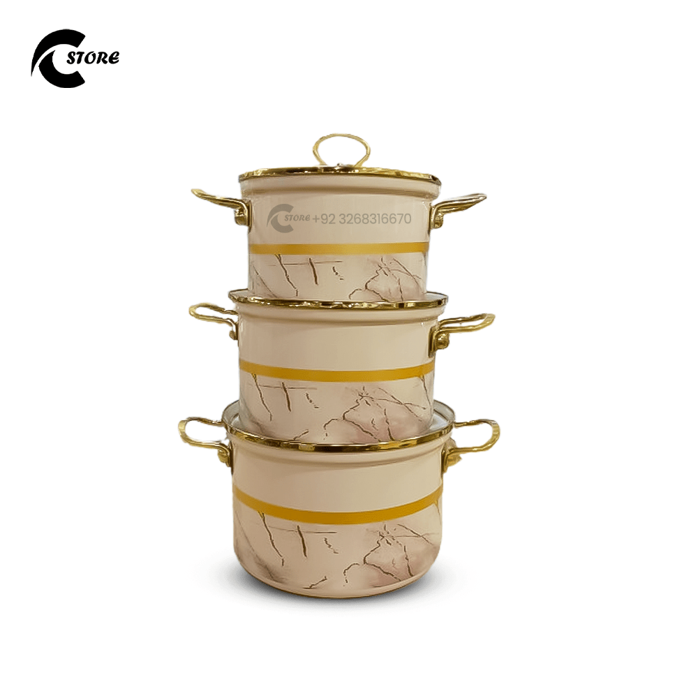 Fancy Reona Set Large | With Sizes (20cm, 22cm, 24cm) | 3Pcs Enamel Casserole With Glass Lid | Stainless Steel Serving & Cooking Bowls