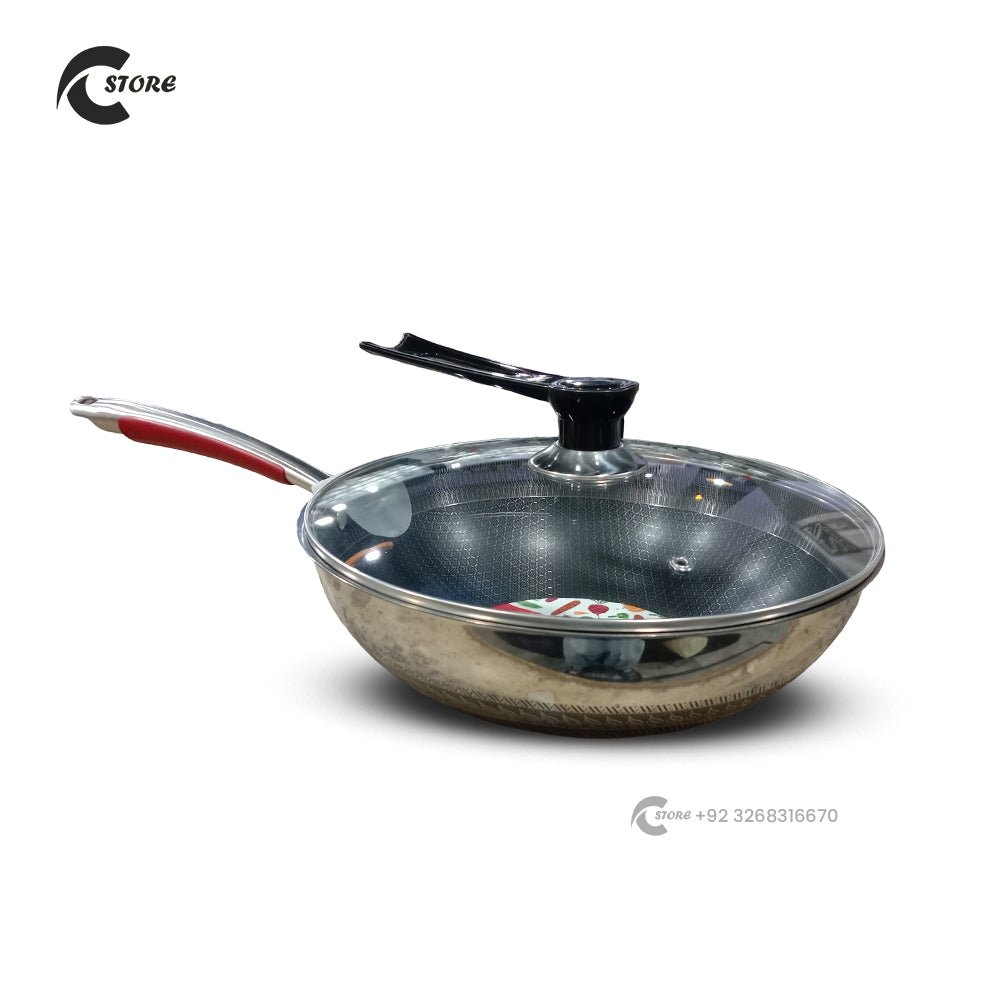 Laser Double Sided Honeycomb Steel Karahi | 32CM Tri-Ply Laser Coated Stainless Steel Cooking Wok | Energy-Saving, Non-Stick & Durable Cookware 1 Laser Double Sided Honeycomb Steel Karahi | 32CM Tri-Ply Laser Coated Stainless Steel Cooking Wok | Energy-Saving, Non-Stick & Durable Cookware