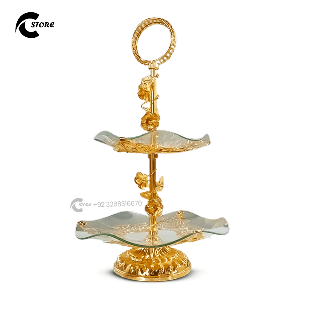 Elegant Two-Tier Gold Serving Stand With Mirrored Trays & Crystal Accents | Luxury Display Platter for Desserts, Candles & Decor