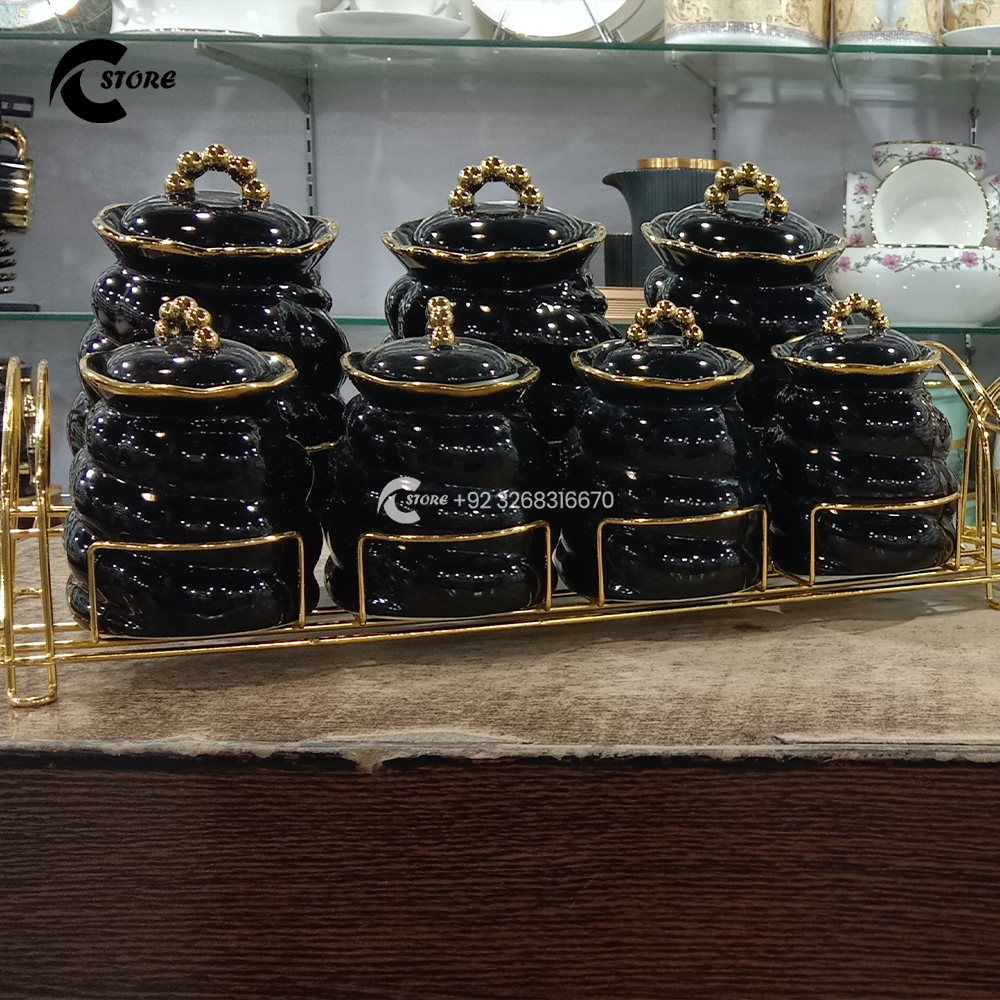 Premium 7 Pcs Airtight Kitchen Canister Set | Ceramic Storage Jars With Metal Stand | Ideal for Spices, Tea, Coffee, Sugar & Dry Foods 1 Premium 7 Pcs Airtight Kitchen Canister Set | Ceramic Storage Jars With Metal Stand | Ideal for Spices, Tea, Coffee, Sugar & Dry Foods