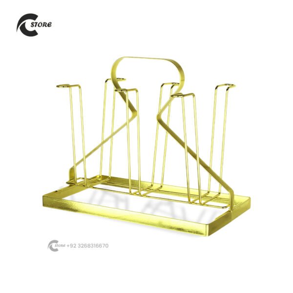 Modern Glass Holder With Tray | 6 Hook Cup Drying Rack | Gold-Coated Minimalist Mug Stand for Kitchen Countertop