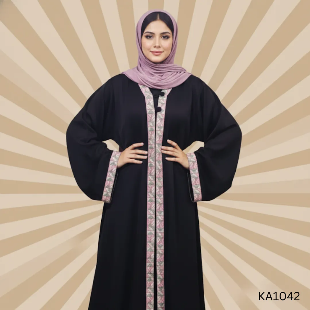Elegant upper style abaya adorned with delicate lace detailing on the sleeves, front and bottom.The intricate lace work adds a touch of sophistication and charm, making it perfert for both casual and semi formal occasions.