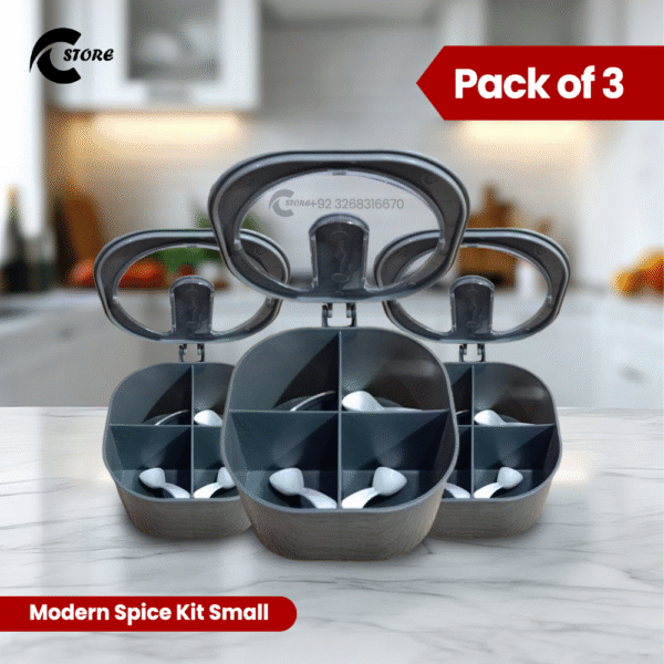 Pack of 3 Modern Spice Kit Small | 1000 ml | 4-Grid Spice Jar with Free Spoons, BPA-Free, Durable & Eco-Friendly