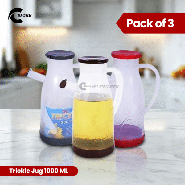 Pack of 3 Trickle Jug 1000 ml | Stylish Oil Dispenser with Measurement Markings, Food-Grade Plastic | Available in Various Lid Colors