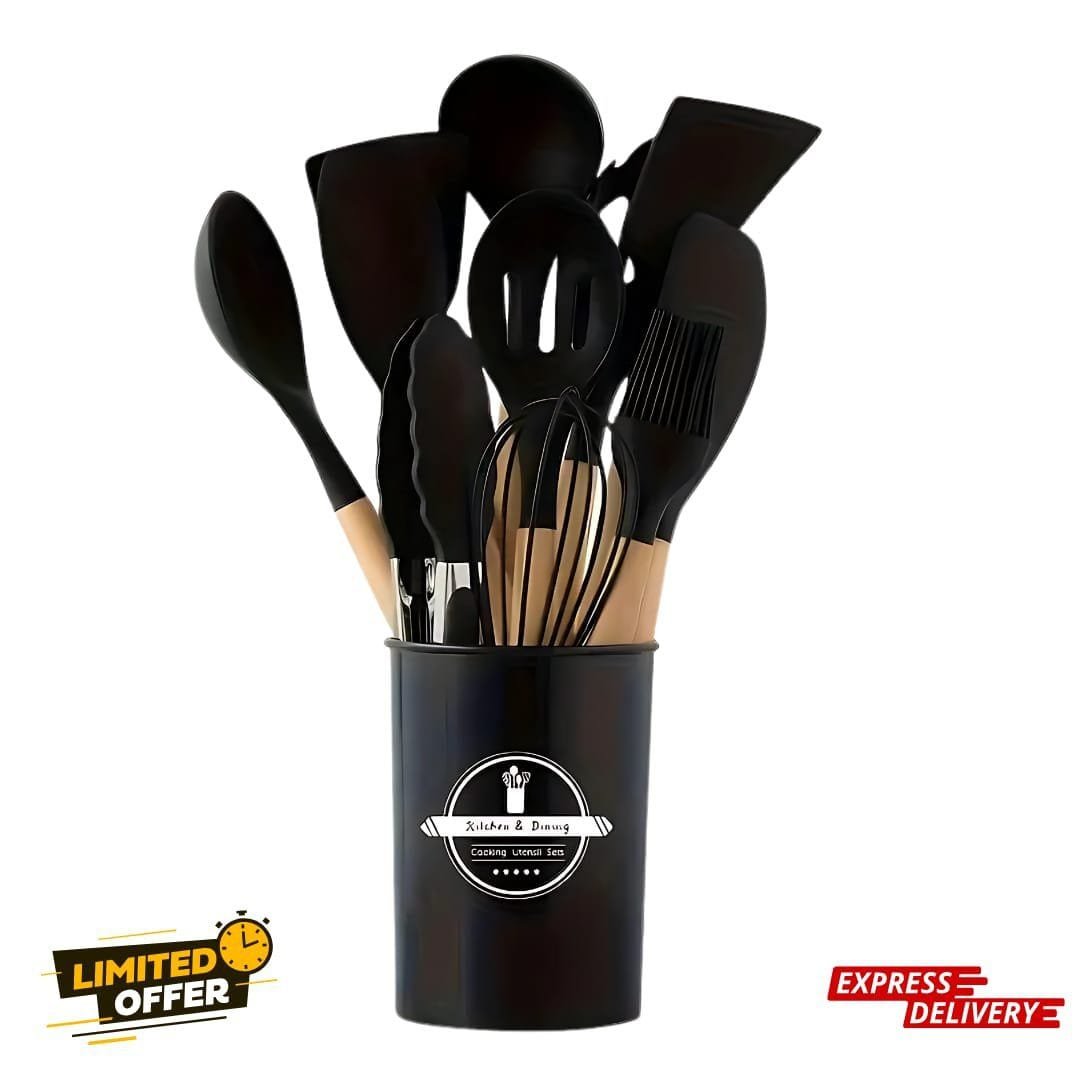 12-Piece Silicone Kitchen Utensil Set | Non-Scratch and ; BPA-Free with Wooden Handle