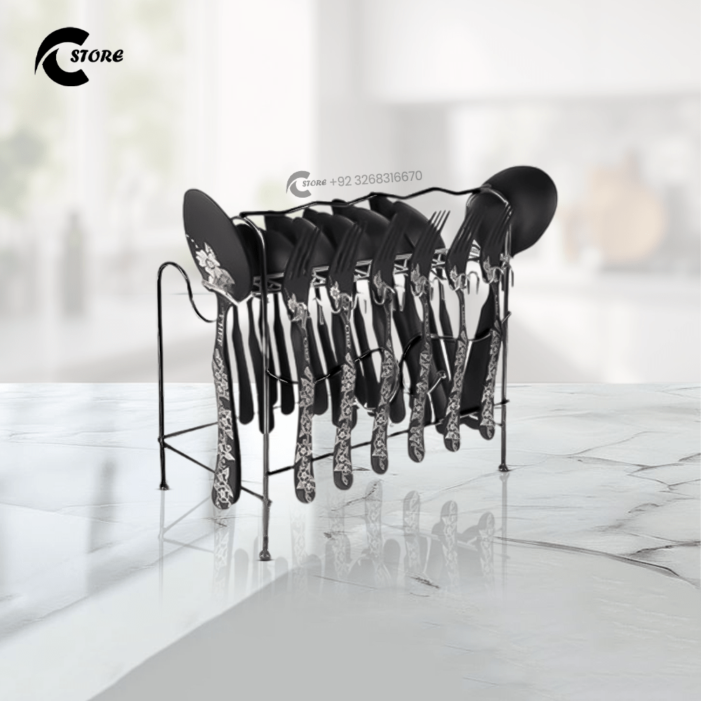 Dolphin Black 29Pcs Cutlery Set | Premium 14 Gauge Stainless Steel with Elegant Black Coating | Includes Serving Spoons, Forks, Dessert & Tea Spoons + Stand