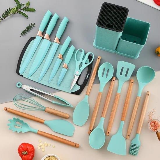 19-Piece Silicone Kitchen Utensil Set with Wooden Handles | Heat-Resistant & BPA-Free Non-Stick Cookware Tools with Knife Block, Cutting Board & Utensil Holder 3 19-Piece Silicone Kitchen Utensil Set with Wooden Handles | Heat-Resistant & BPA-Free Non-Stick Cookware Tools with Knife Block, Cutting Board & Utensil Holder - Image 3