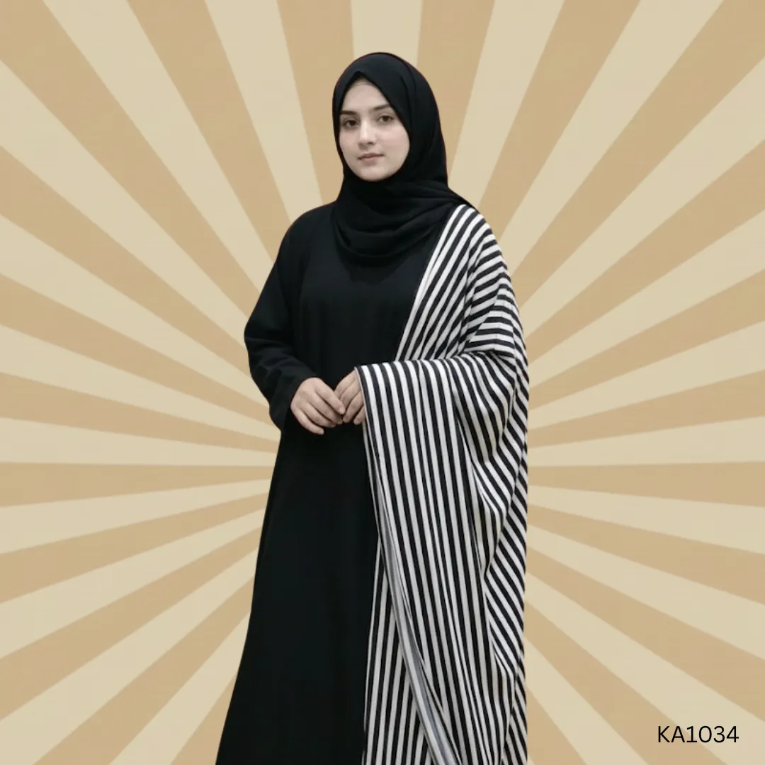 Layali Noir Kaftan Style Abaya for Women | Elegant Black & White Pure Nada Fabric | One-Sided Lining Design