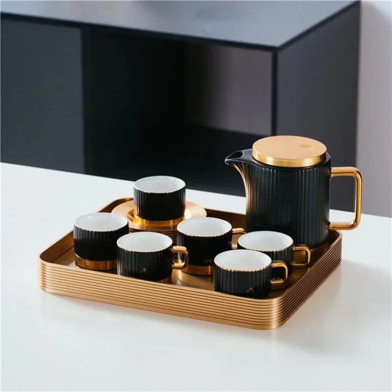 Luxury Ceramic Tea Set With Metal Base | Includes Teapot, 6 Teacups, Saucers & Gold Tray | Elegant Gift Set for Tea & Coffee Lovers
