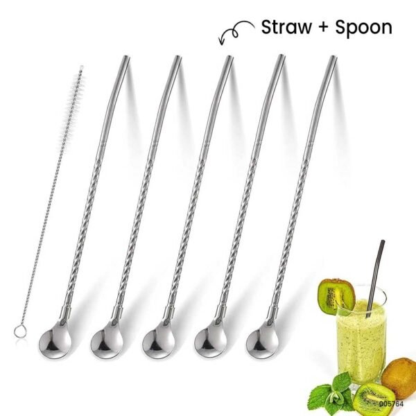 Pack of 6 Stainless Steel Straw Spoon | Steel Reusable Fruit Drinking Straws With Free Cleaning Brush | Eco Friendly & Reusable