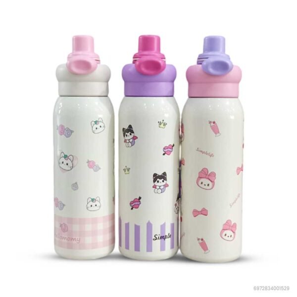Water Bottle | Hello Kitty Strawberry Design Stainless Steel Insulated Bottle 600ml | Hot & Cold Flask with Straw, Handle & Plastic Cap
