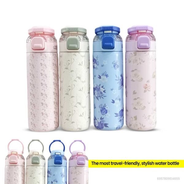 Water Bottle | Floral Stainless Steel Insulated Water Bottle | Dual Cap Thermos Flask for Hot & Cold Drinks