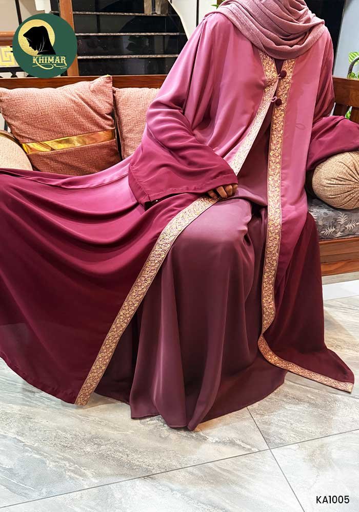Zahra Dual Upper Abaya for Women | Double Shaded Maroon & Tea Pink Georgette Abaya with Lace Detailing | Elegant Front Open Casual Wear (Without Inner) 1 Zahra Dual Upper Abaya for Women | Double Shaded Maroon & Tea Pink Georgette Abaya with Lace Detailing | Elegant Front Open Casual Wear (Without Inner)