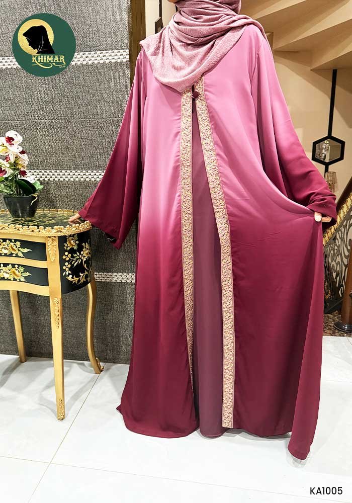 Zahra Dual Upper Abaya for Women | Double Shaded Maroon & Tea Pink Georgette Abaya with Lace Detailing | Elegant Front Open Casual Wear (Without Inner) 2 Zahra Dual Upper Abaya for Women | Double Shaded Maroon & Tea Pink Georgette Abaya with Lace Detailing | Elegant Front Open Casual Wear (Without Inner) - Image 2