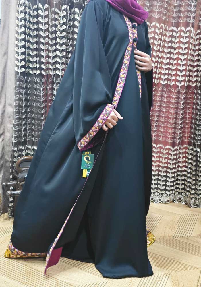 Haya Black Abaya with Shocking Pink Lace | Elegant Upper Style Pure Nada Abaya for Semi-Formal Wear 2 Haya Black Abaya with Shocking Pink Lace | Elegant Upper Style Pure Nada Abaya for Semi-Formal Wear - Image 2