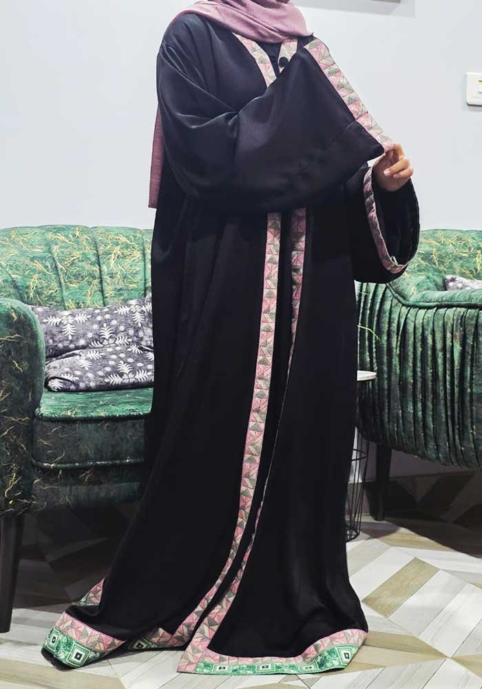 Haya Tea-Pink Lace Abaya for Women | Elegant Upper Style Abaya without Inner | Pure Nada Fabric | Semi-Formal Black Abaya with Delicate Lace Detailing 2 Haya Tea-Pink Lace Abaya for Women | Elegant Upper Style Abaya without Inner | Pure Nada Fabric | Semi-Formal Black Abaya with Delicate Lace Detailing - Image 2