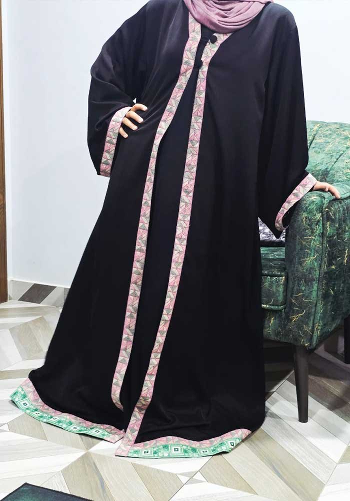 Haya Tea-Pink Lace Abaya for Women | Elegant Upper Style Abaya without Inner | Pure Nada Fabric | Semi-Formal Black Abaya with Delicate Lace Detailing 1 Haya Tea-Pink Lace Abaya for Women | Elegant Upper Style Abaya without Inner | Pure Nada Fabric | Semi-Formal Black Abaya with Delicate Lace Detailing