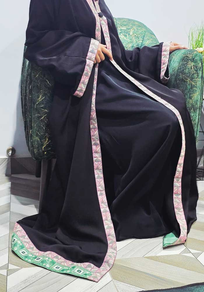Haya Tea-Pink Lace Abaya for Women | Elegant Upper Style Abaya without Inner | Pure Nada Fabric | Semi-Formal Black Abaya with Delicate Lace Detailing 3 Haya Tea-Pink Lace Abaya for Women | Elegant Upper Style Abaya without Inner | Pure Nada Fabric | Semi-Formal Black Abaya with Delicate Lace Detailing - Image 3